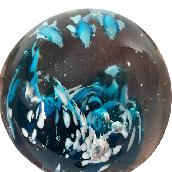 Art Glass Clear Round Paperweight with Controlled Bubbles Waves 3 Blue Dolphins - Picture 8 of 16